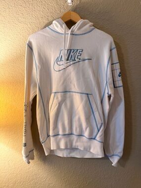 Nike White Hoodie with Light Blue Stitching - Men's Pullover
